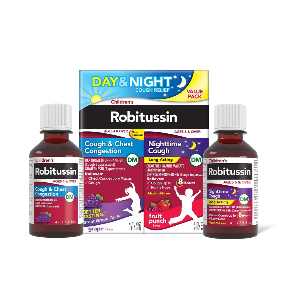Barns Robitussin DM dag og natt Cough Relief verdipakke, Cough Medisin, Grape/Fruit Punch Flavor - 4 Fl Oz x 2