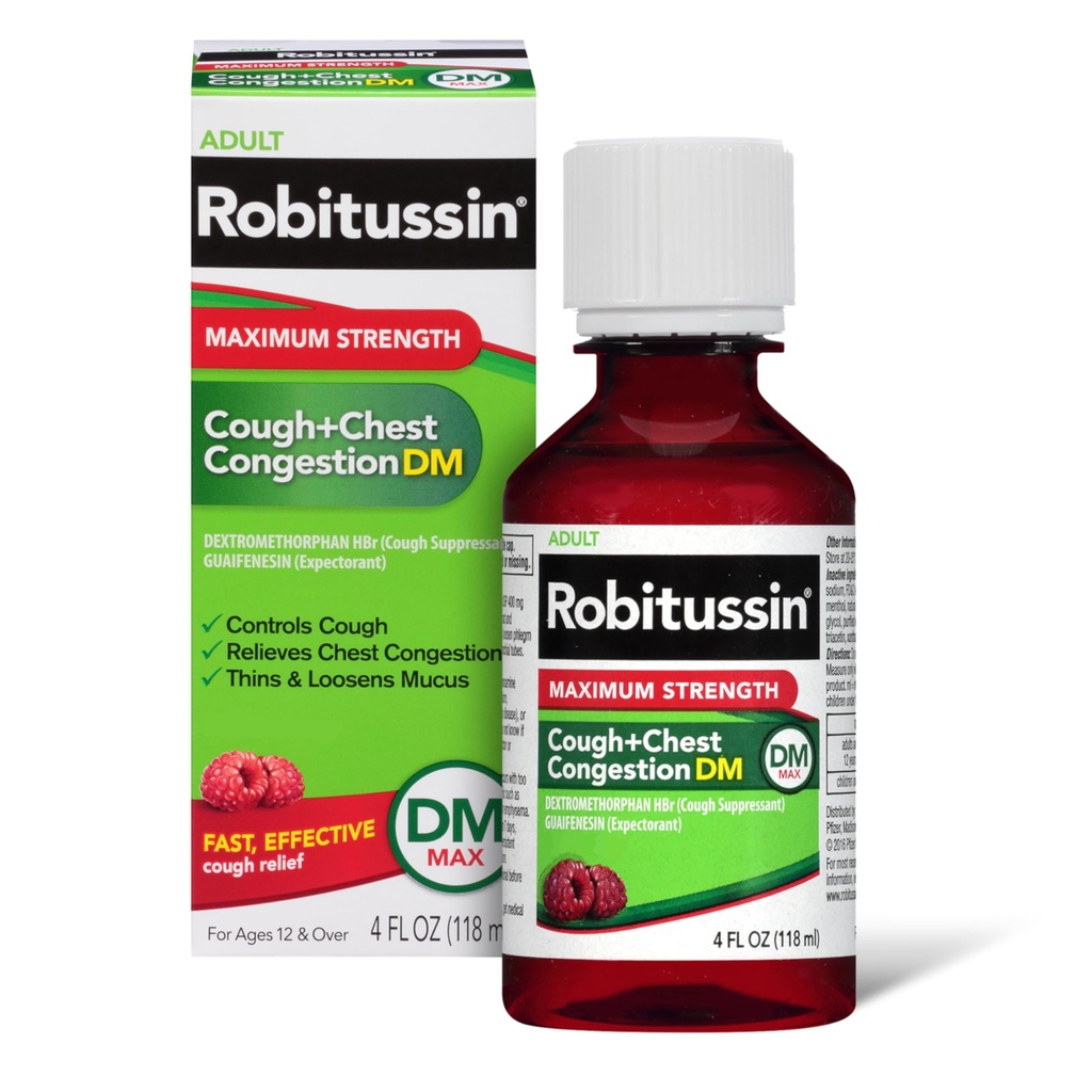 Robitussin Voksen Maksimum Styrke Cough + bryst Congestion DM Max (4 fl. oz. Flaske), Cough Suppressant & Forventning, Bringebær Flavor