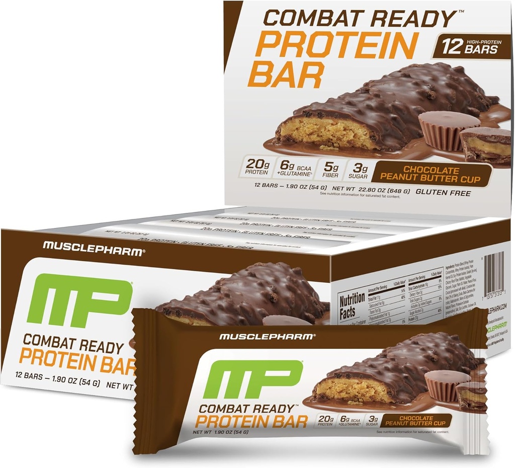 MusclePharm Combat Sport Bar, Sjokolade Peanut Smørekopp, høyproteinbarer, Combat Cravings, drivstoffytelse og møte energibehov, 20g Protein fra Whey Protein, 5g Fiber, Glutenfri, 12 Bars