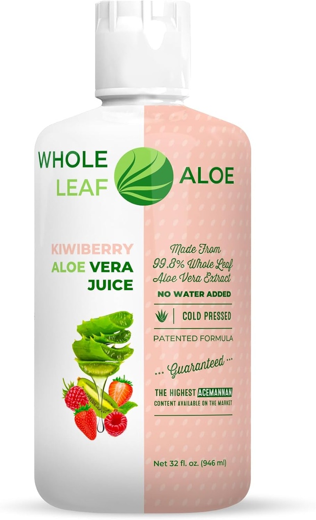 Lås opp kraften av hele blad Aloe Vera - infundert med den deilige smaken av Kiwi Berry. Vår Patenterte Formula Boasts Den høyeste Acemannan Konsentrering tilgjengelig, garantert. Ingen vann lagt til.