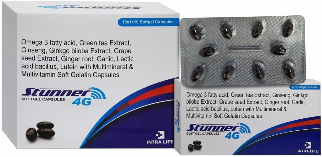 STUNNER-4G SOFTGEL CAPS inseng ekstraher pulver 42,5mg + hvete Germ Oil 25mg + Citrus Bioflavonoids 20mg + Grape Seed Extract 15mg + Naturlig blandet karotenoider (10% dispersjon)11,33mg + Grønn teekstrakt