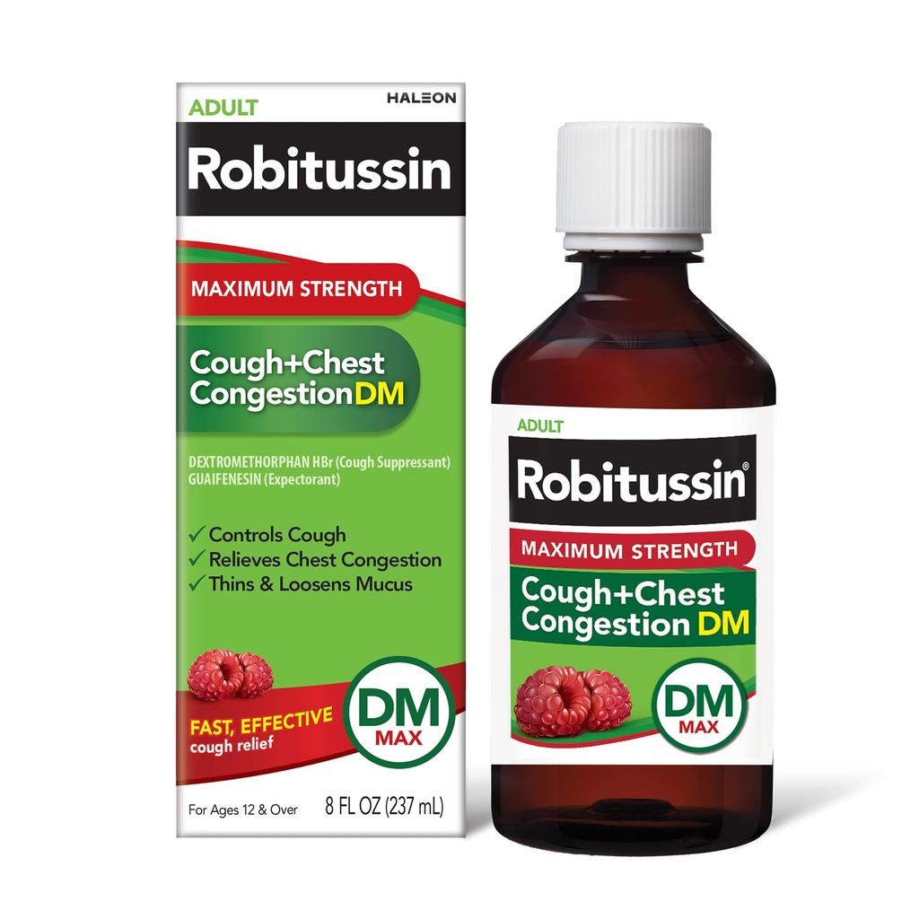 Robitussin Voksen Maksimum styrke Cough + bryst kongestering DM Max (8 fl. oz. flaske), Cough Suppressant & Forventning, bringebær flavor