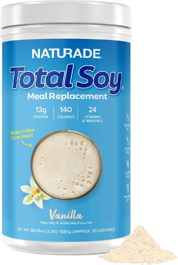 Naturade Total Soya Protein pulver - 13g Protein & 130 Kalorier per servering - Zero Trans Fett - Ikke-GMO Soja - Laktose & Glutenfri - Vanilla (30 Serveringer)