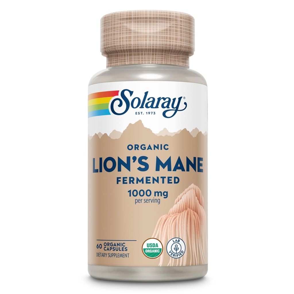 SOLARAY Organic Lions Mane Supplement Kapsler - Leverer 1000 mg Lions Mane Organic Mushrooms, Fermentert for forbedret absorpsjon - Vegan, 60-dagers garanti, Lab Verifisert, 30 Services, 60 Vegkaps