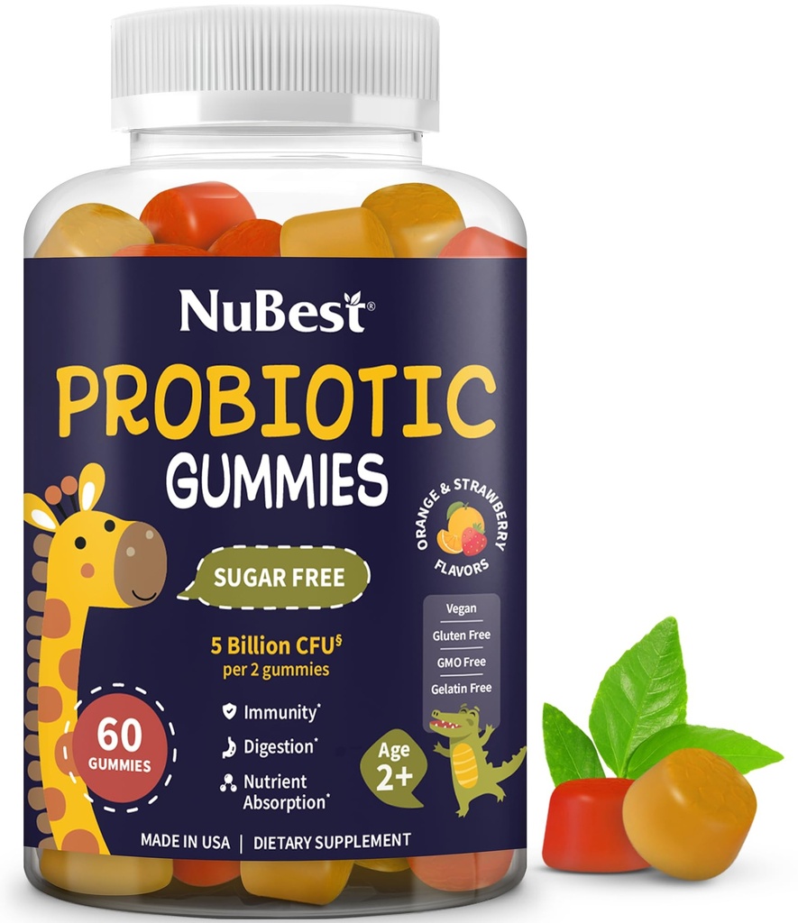 NuBest Daily Probiotic Gummies for barn og tenåringer med 5 milliarder CFUs | støtter immun, Gut og Digestive Helse | Ingen lagt sukker | Yummy Strawberry & Orange Flavors | 60 Premium Vegansk Gummies
