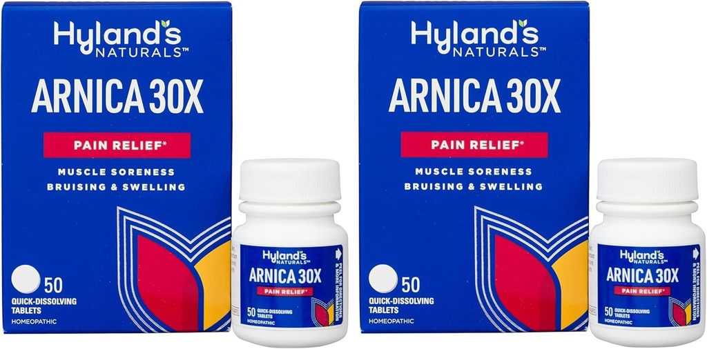 Hylands Naturals Arnica Montana 30x tabletter, naturlig lindring av misbruk, hevelse og muskelsorg, hurtig oppløsende tabletter, 50 greve (pakke av 2)