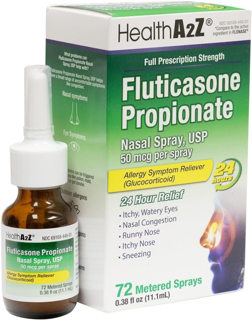 HealthA2Z® Fluticason Propionate Nasal Spray | 50 mg per Spray | 24-timers Allergy Relief | 72 Sprøyter | 0,38 fl oz. (11,1 ml) | Nasal Decongestant | Ikke-Drowsy | Allergy Relief Spray