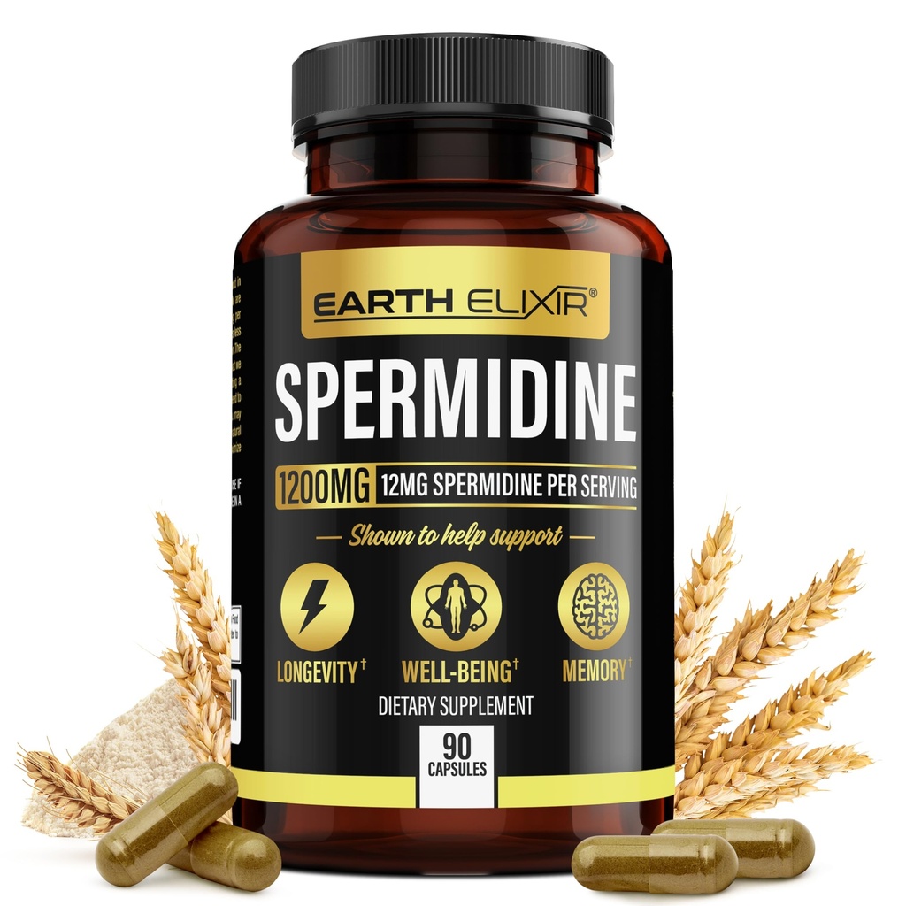 Jord Elixir Spermidin Supplements 1200 mg (90 kapsler) - Anti Aging - 3rd Party testet (12mg Spermidin pulver) Maks renhet - 100% ren espermidina-fermentert hvete Germ ekstrakt - NMN Alternativ