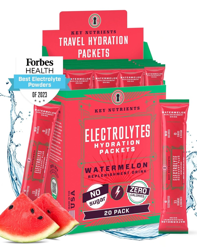 KEY NUTRIENTS Electrolytes pulverpakker - Oppfriskende vannmelon 20 Pack Hydration Packets - reise Hydration Powder - Ingen sukker, Ingen kalorier, Glutenfri - laget i USA