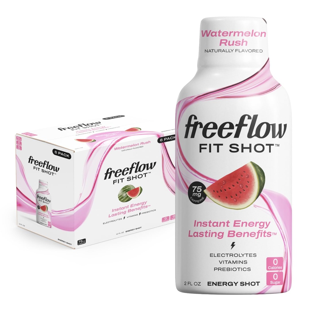 Freeflow Fit Energi Shots, Vannmelon Rush, Naturlig Koffein Boost med L-theanine, Ginseng, vitaminer, Prebiotika, Electrolytes (6 greve, 2oz Shots)