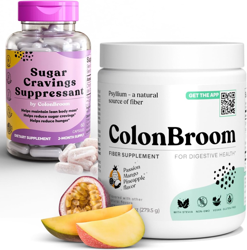 ColonBroom Psyllium Husk pulver sukker craving Supresjon - Chromium Picolinat 200mcg, 2 elementer - Colon Cleanser Fiber Supplement (50 serveringer) + sukker craving Supresentant (60 serveringer)