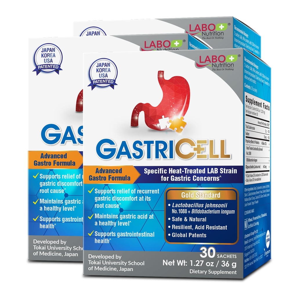 LABO Nutrition GASTRICELL - Acid Reflux, Heartburn, Repeterende Gastric Discomfort, Naturlig Forsvar mot Gastric Distress 30 poser x3