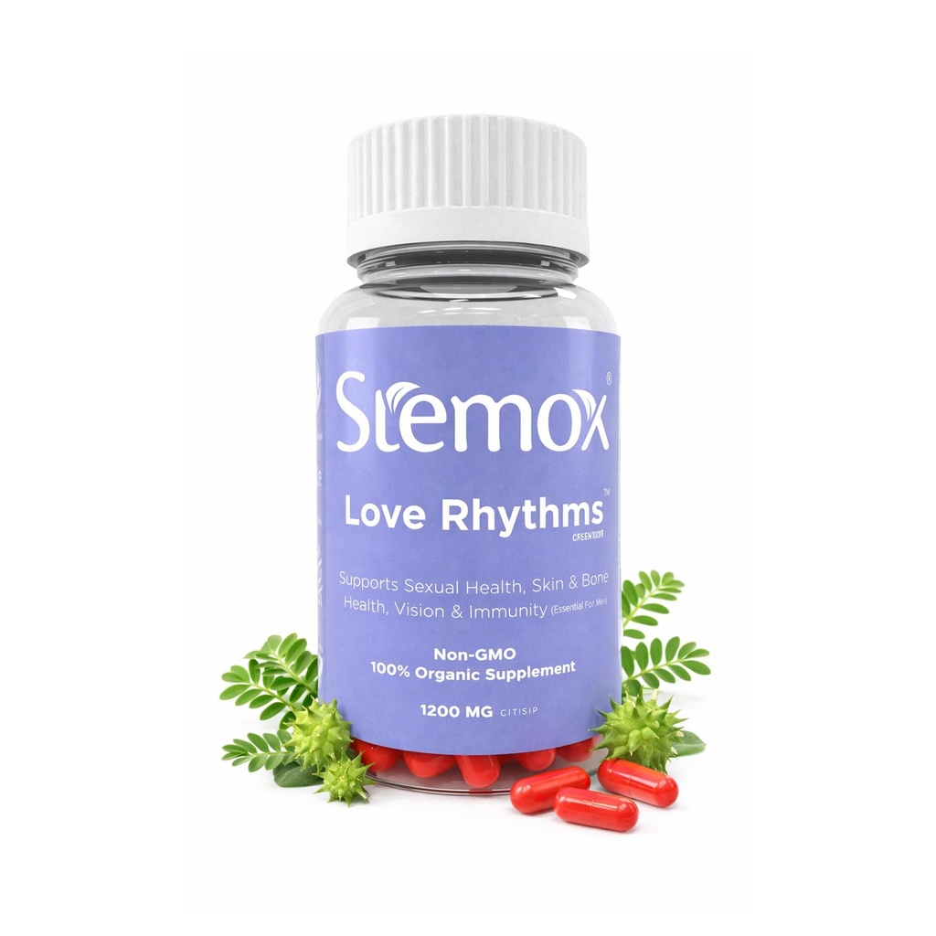 Kjærlighet Rhythms L-Arginine 500MG & Tribulus Terrestris for menn – Stam og vitalitetsstøtte - Ikke-GMO, 100% organiske kosttilskudd for menn - Aktiv livsstil og fysisk velvære - 60 kapsler