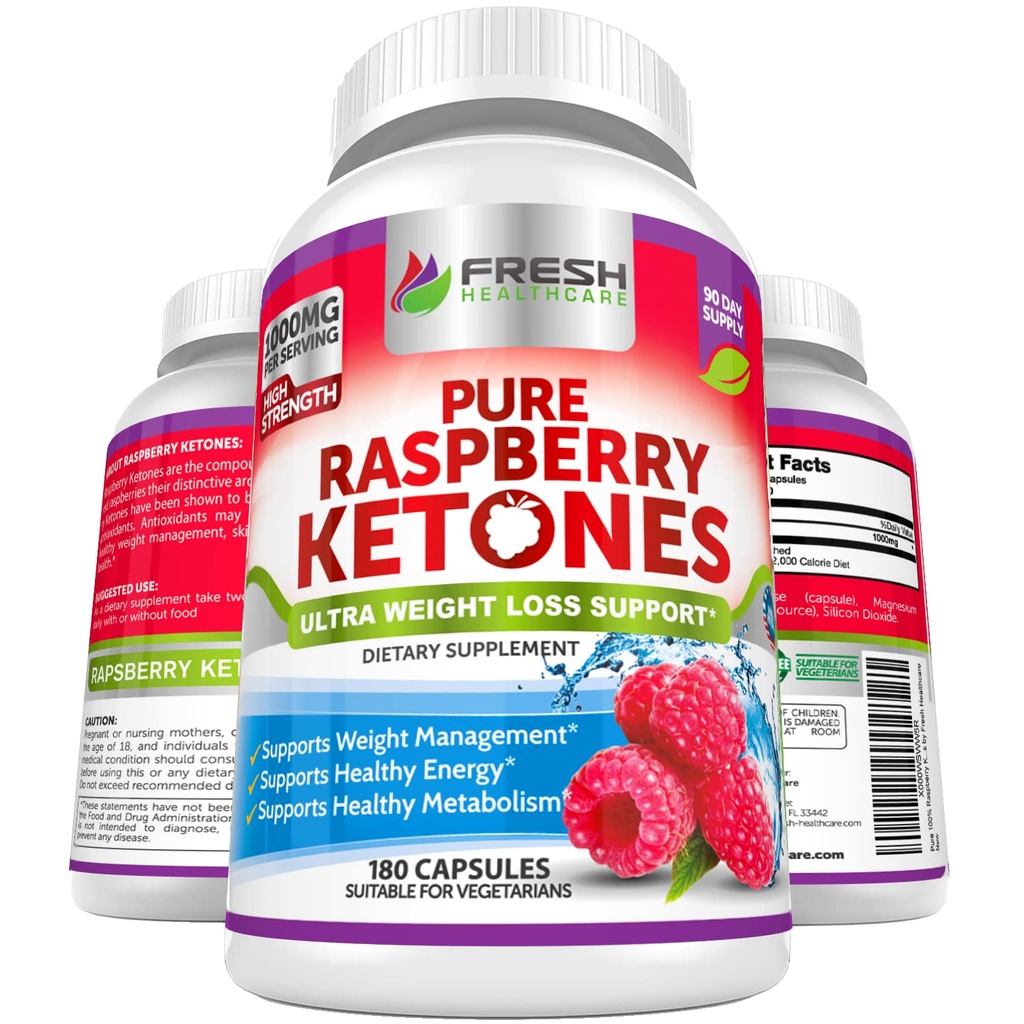 FRESH HealthyCARE ren 100% bringebær ketoner Max 1000mg Per servering - 3 måneders forsyning ikke GMO - avansert vekttap støtte - 180 kapsler