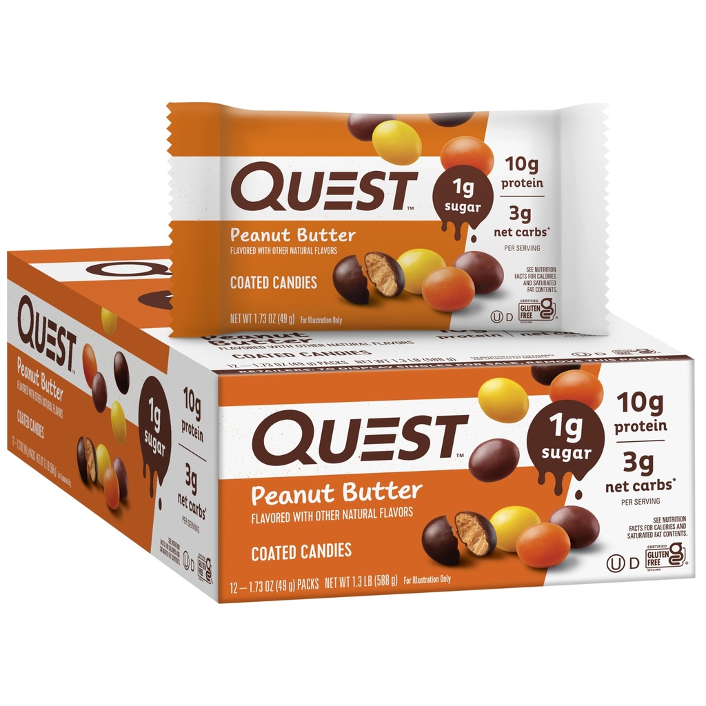Quest Nutrition Coated Candies, Peanut Butter, 1g Sukker, 10g Protein, 4g Netto karbohydrater, Glutenfri, Keto Vennlig, 12 greve