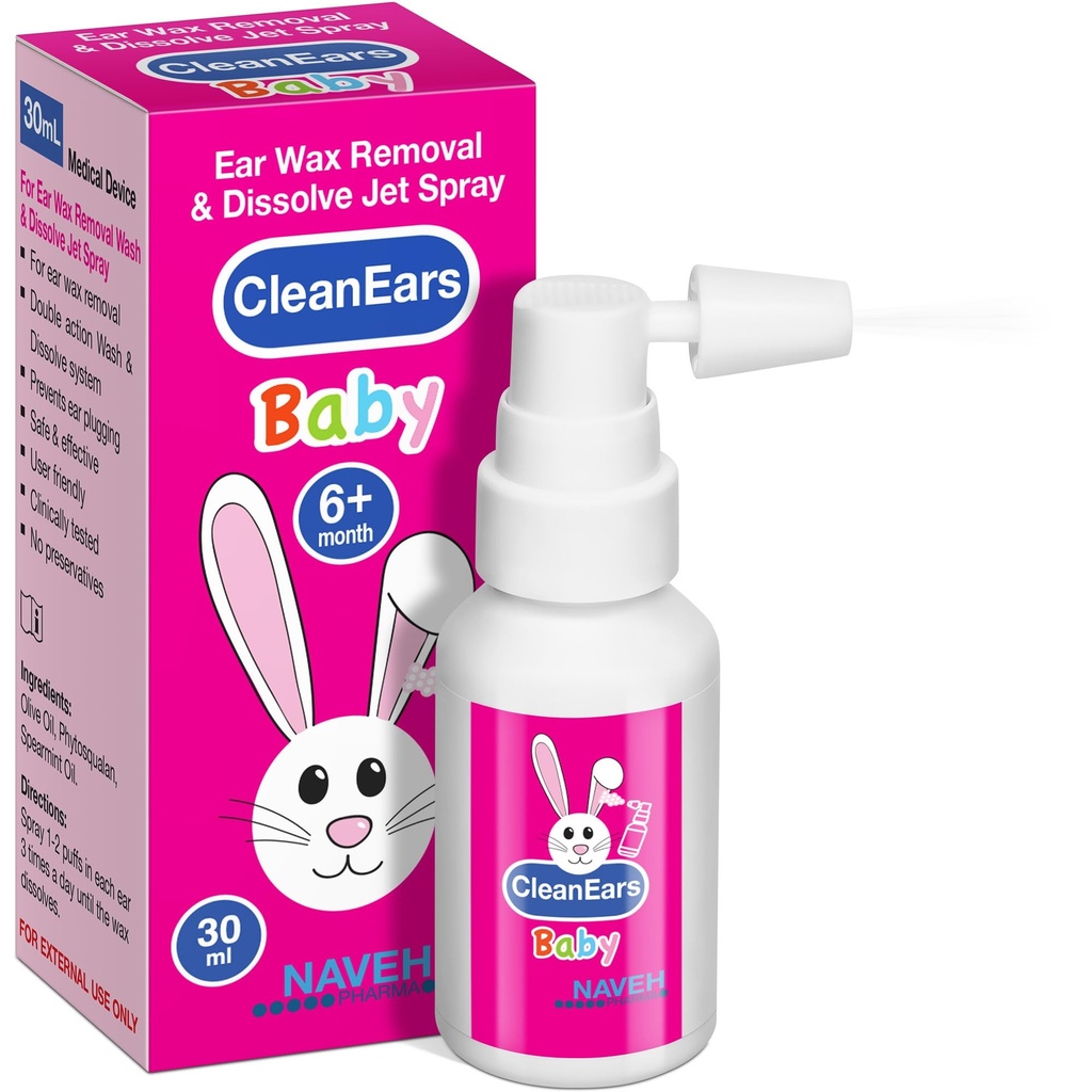 NAVEH PHARMA® CleanEars Baby | Fast-Active Ear Wax fjerning Spray | Bryter ned og løser ørevoks i bare 1 behandling | klinisk bevist å være 300% mer effektiv | Mineral olje, Gentle&Safe | 1 OZ
