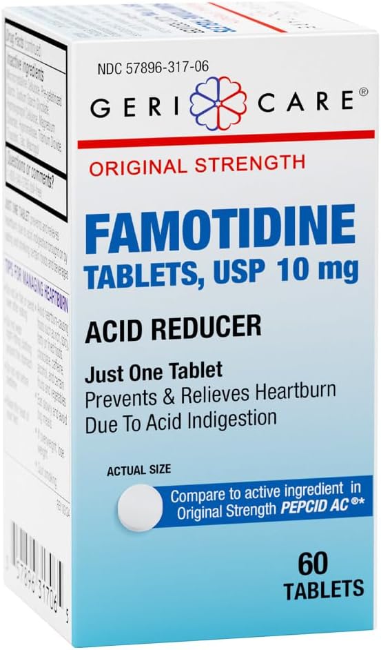 GeriCare regelmessig styrke famotidin 10 mg tabletter, syrereduserende middel, relief for Heartburn, syre Reflux og syreødeleggelse, 60 greve (pakke med 1)