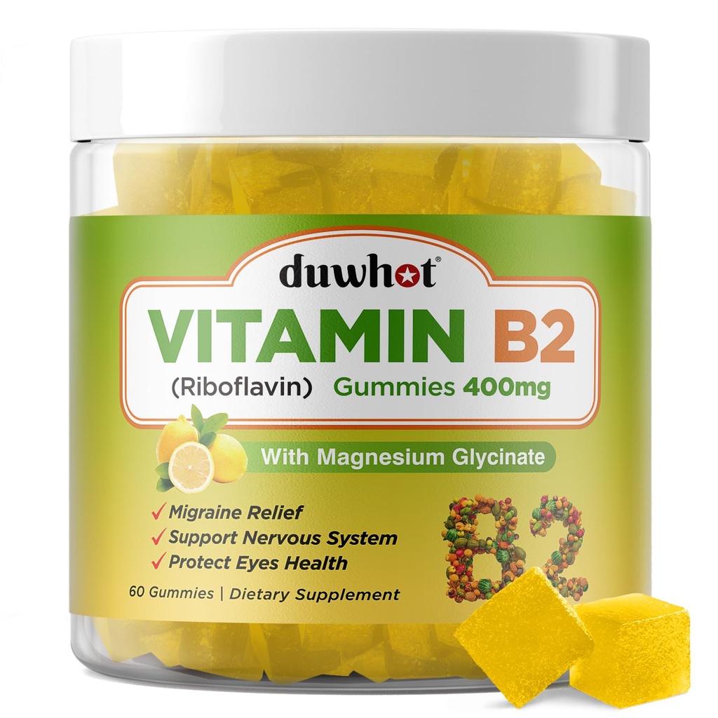 Vitamin B2 Gummies med magnesium- Riboflavin 400mg for migrain Relief & hodepine Relief, B2 vitaminer Gummies for voksne og barn, Vegan, 60 Chewable