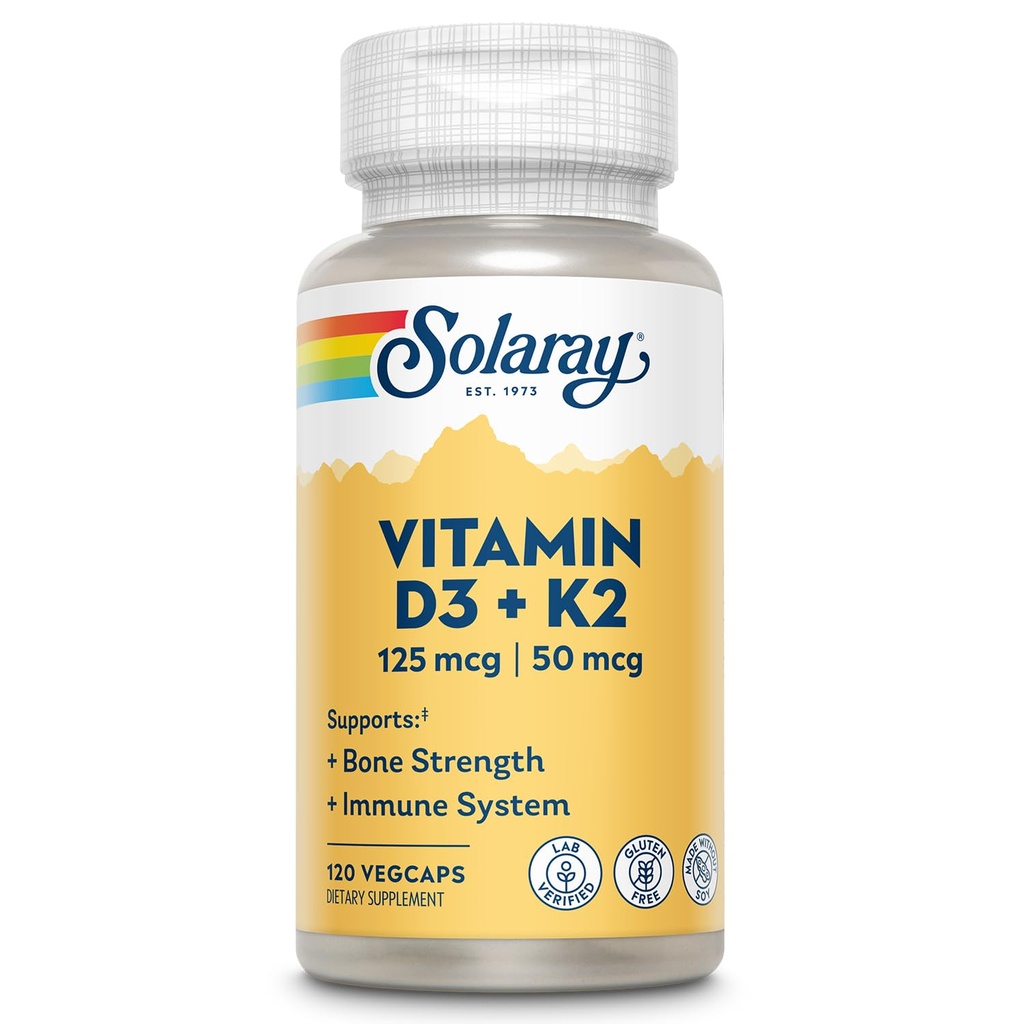 SOLARAY Vitamin D3 K2 - Bone Helse og immunstøtte Supplement - med 5000 IU Vitamin D som Vit D3 og 50 MG vitamin K2 som Menokinon MK7, laget uten soya, 60-dagers garanti, 120 Serv, 120 Vegkaps
