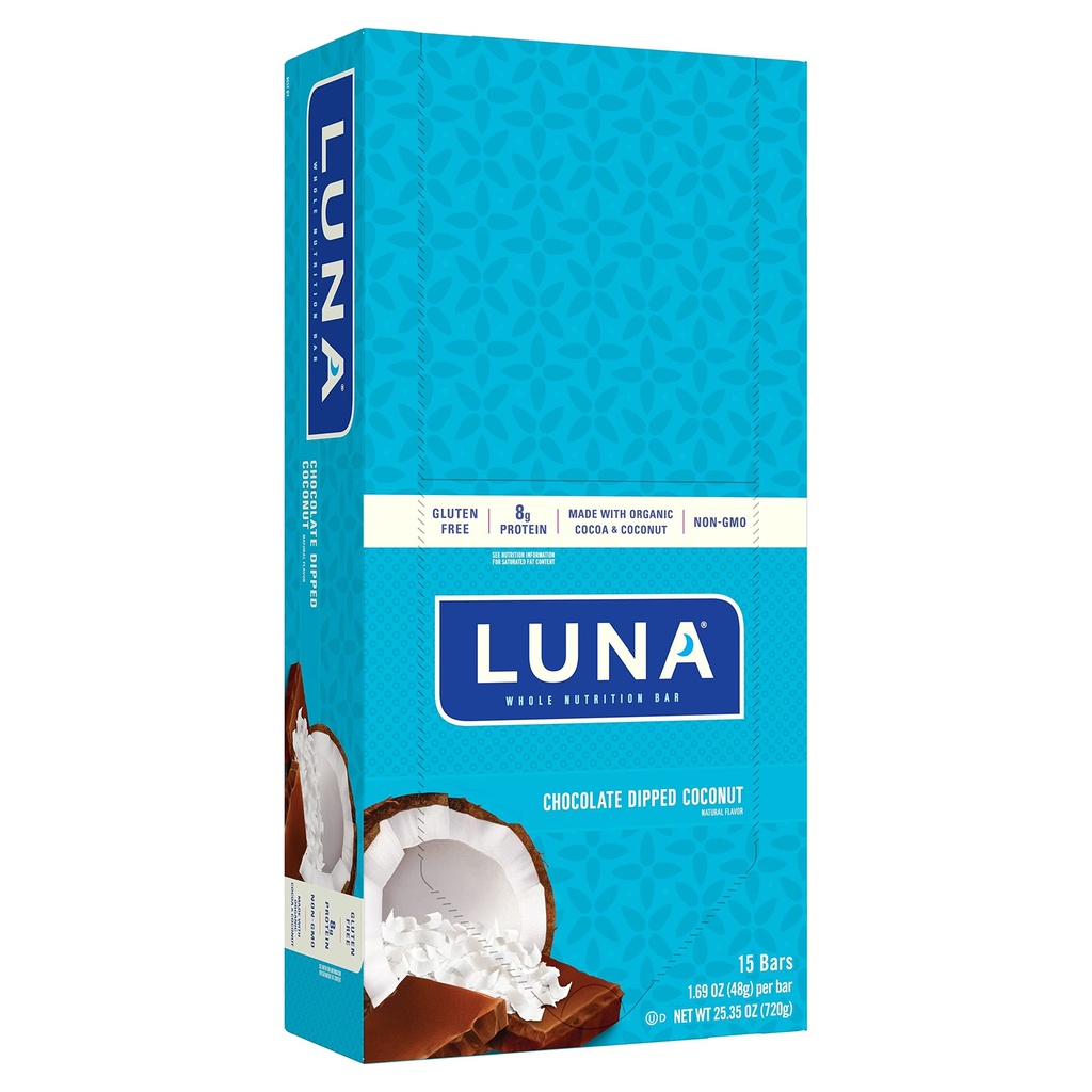 LUNA BAR - Glutenfri Snack Barer - Sjokolade Dipped Coconut Flavor - 8g protein - Ikke-GMO - Plant-baserte Helsome Snacking - På Go Snacks (1,69 Ounce Snack Bars, 15 greve)