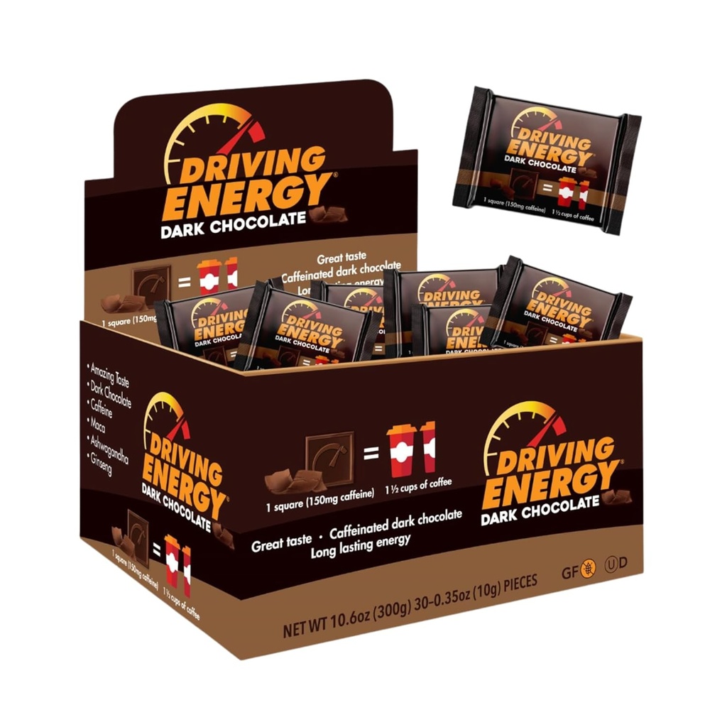 Driving Energy - Koffeinert energibit størrelse - mørk sjokolade brensel med 150 mg koffein - lang-Lasting for gym, trening, voksne - god smak - lav carb - sunn snack - 30 greve
