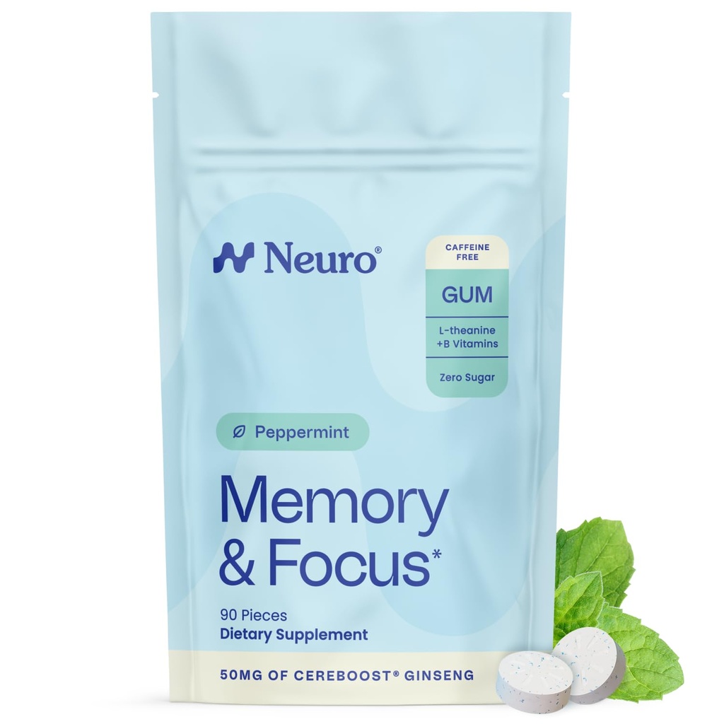 Neuro Memory & Focus Gum - Nootropic Gum med vitamin B12, Vitamin B6, L-Theanine & Ginseng Extract - Naturlig Hjernestøtte Supplement - Vegan, Koffein & Sukker Gratis Chews - Peppermynte, 90 ct