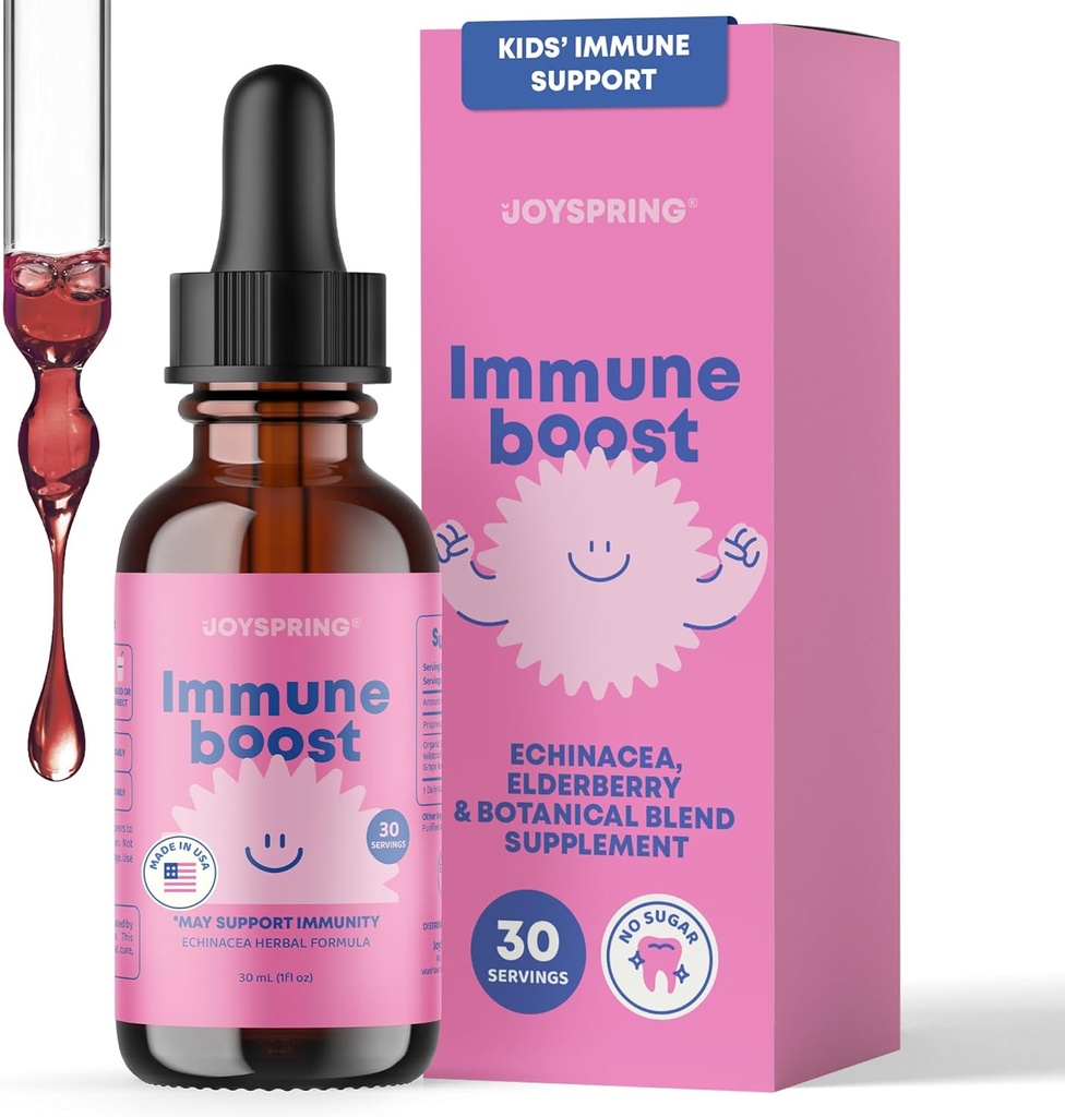 JoySpring Immune Drops - barneimmunitetsstøtte Supplement (1 fl oz, 30 serveringer) med organisk eldbær væske, Echinacea, Oregon Grape Root & Orange Peel for alderen 2-16+ År og voksne