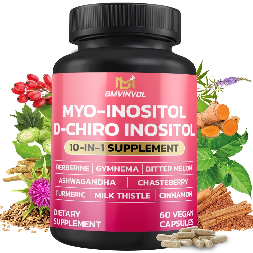 BMVINVOL Inositol Supplement - Myo-Inositol og D-Chiro Inositol Ideell 40:1 Ratio - Plus Berberine, kanel, Ashwagandha + 5 Mer - 60 Kapsler