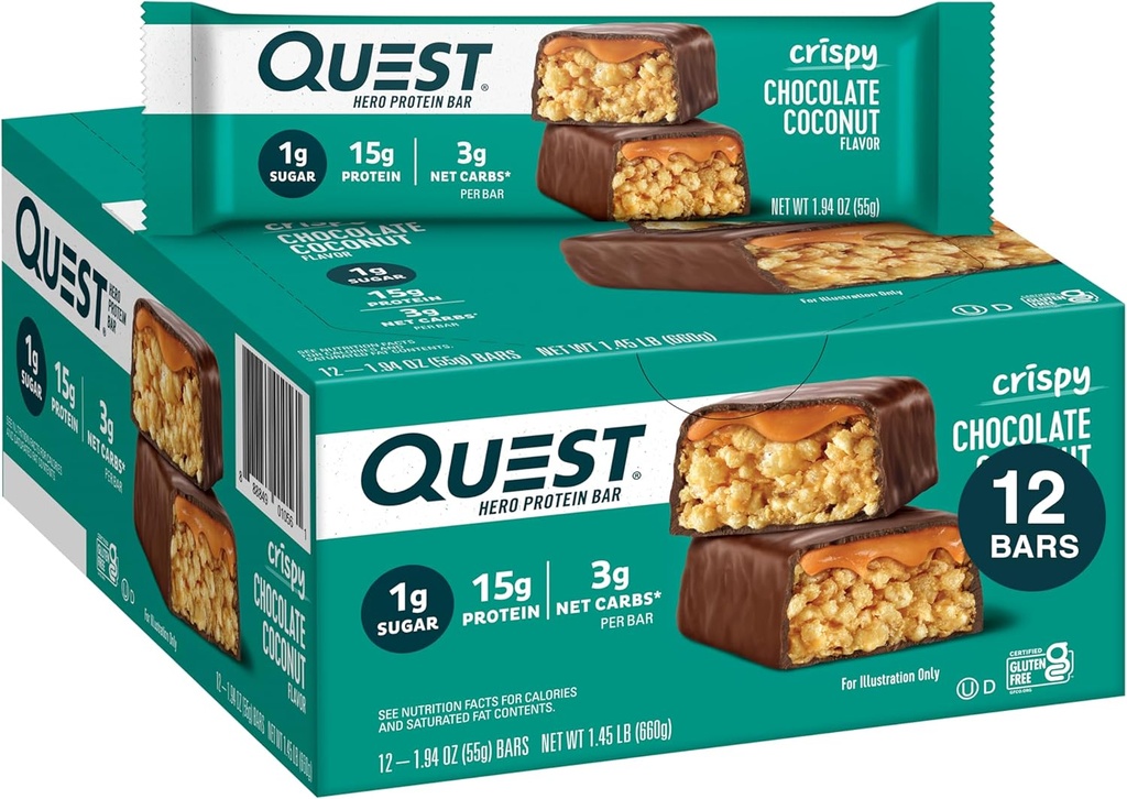Quest Nutrition Crispy Sjokolade Kokos Hero Protein Bar, 15g Protein, 1g Sukker, 3g Netto Karbohydrater, Glutenfri Protein Snack, Keto Vennlig, 12 greve