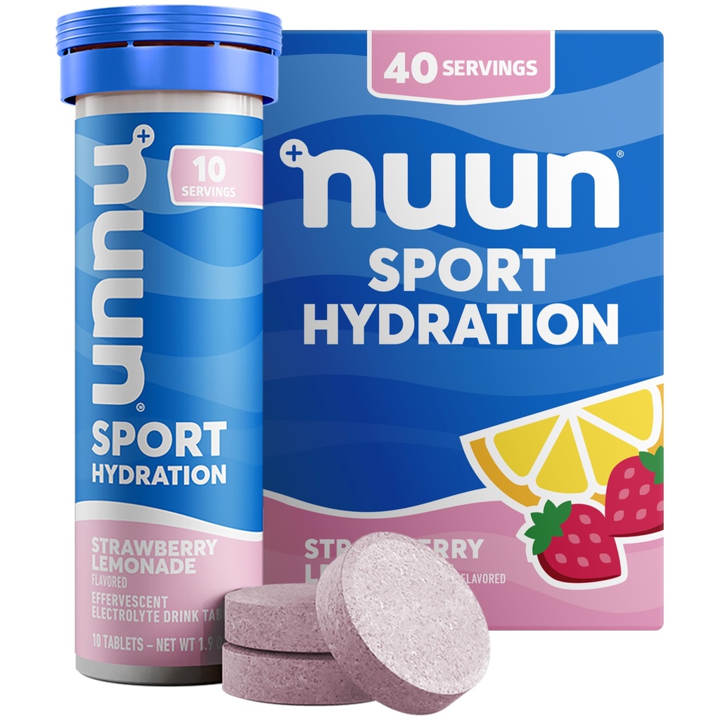 Nuun Sport Electrolyte Tabletter med magnesium, kalsium, kalsium, klorid og natrium, Glutenfri og vegansk, Strawberry Lemonade, 4 Pack (40 Serverer totalt)