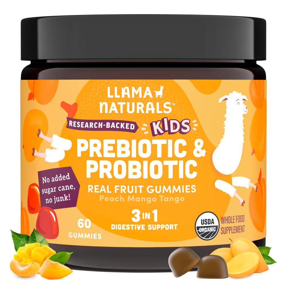 Llama Naturals Kids Probiotic with Prebiotic Fiber, Vegan, organiske prebiotika og probiotika Gummies for Gut Helse støtte, Toddler ekte frukt Gummy Vitaminer, Ingen lagt til sukker Cane, Peach Mango, 60 Ct