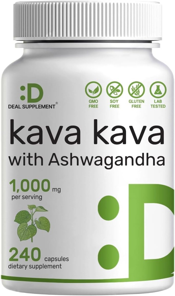 Deal Supplement Kava Kava Supplement 750mg Per Servering, 240 kapsler, 4 måneders forsyning – Kava Kava Root Extract med Ashwagandha Root pulver – Ikke-GMO