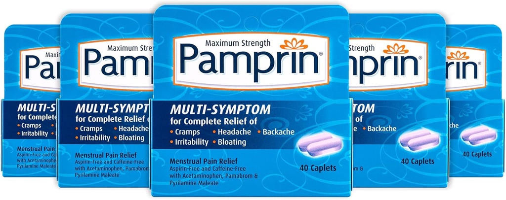 Pamprin Multi-Symptom Formel, med acetaminophen, Menstruell Periode symptomer Relief inkludert Cramps, smerte, irritabilitet og Bloating, 40 kapler (pakke på 5)