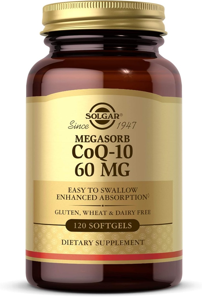 Solgar Megasorb CoQ-10 60 mg, 120 Softgels - Støtter hjerte og hjerne helse - Coenzym Q10 Supplement - forbedret absorpsjon, lett å svelge - Glutenfri, Dairy Free - 120 Services