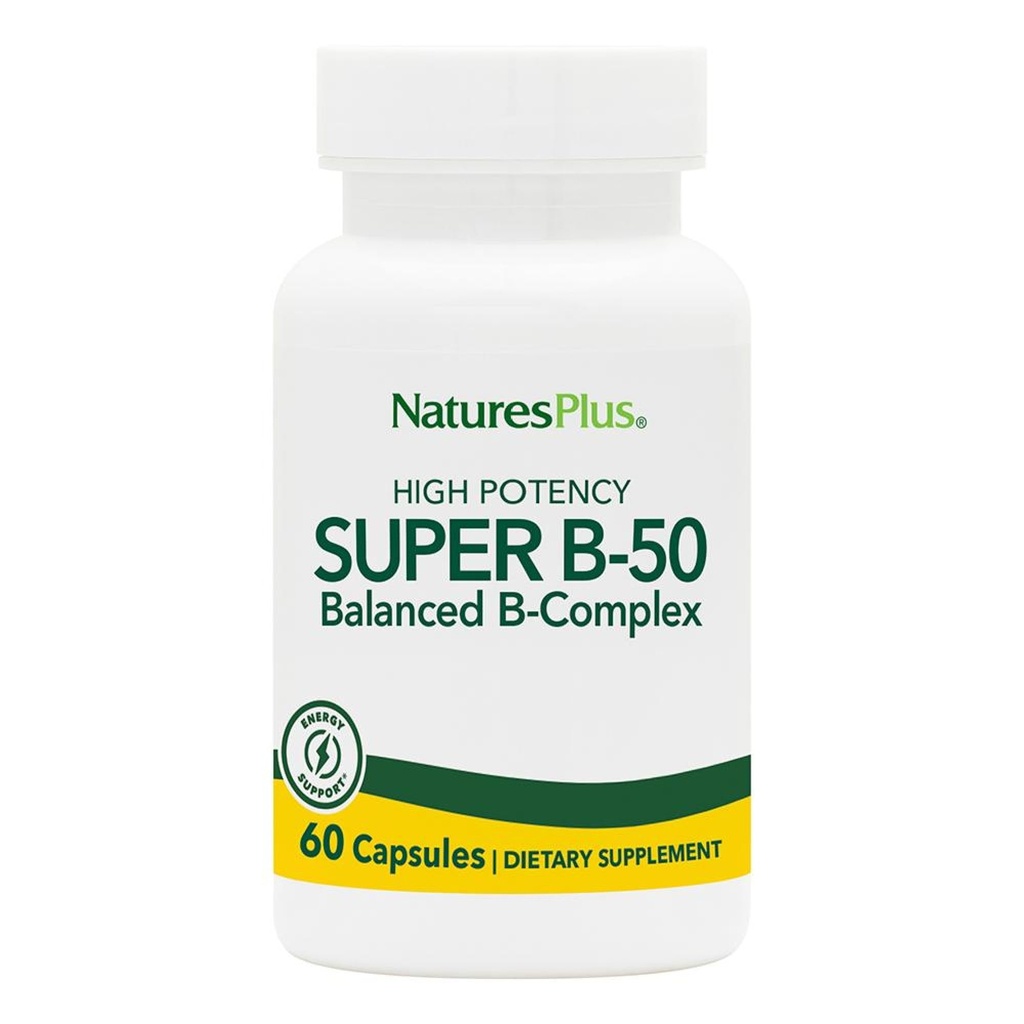 NaturesPlus Super B50-60 Vegetariske kapsler - høy styrke B kompleks vitamin Supplement - Brain & Energi Booster - Glutenfri - 60 Services
