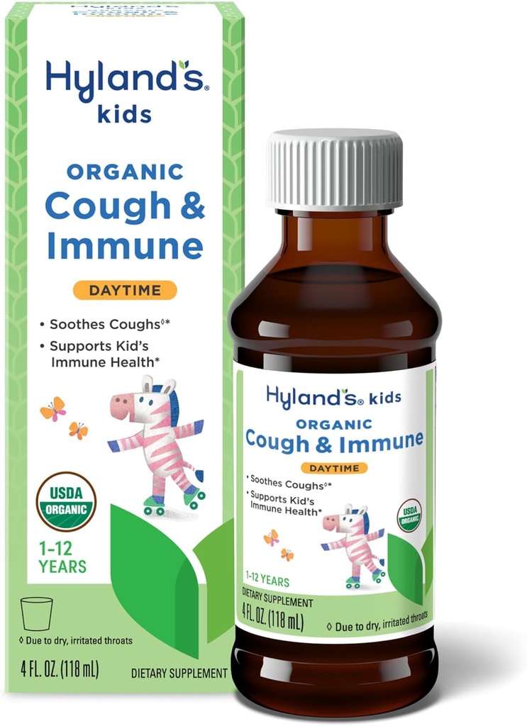 Hyland's Kids Daytime Organic Cough Syrup og immunstøtte med Agave, Elderberry og Pomegranate, Soothes Cough, og støtter immunismen, 4 Fl. Oz