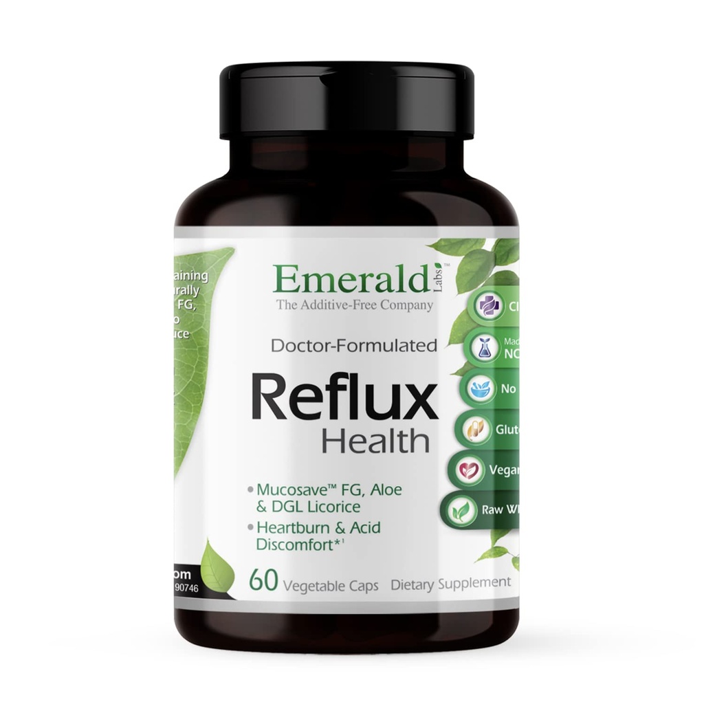 EMERALD LABS Reflux Helse - Indigering & Heartburn Relief med Mucosave FG, DGL, Aloe Vera, Probiotika, Digestive Enzymer og mer* - 60 Grønnsaker Kapsler (30-dagers levering)
