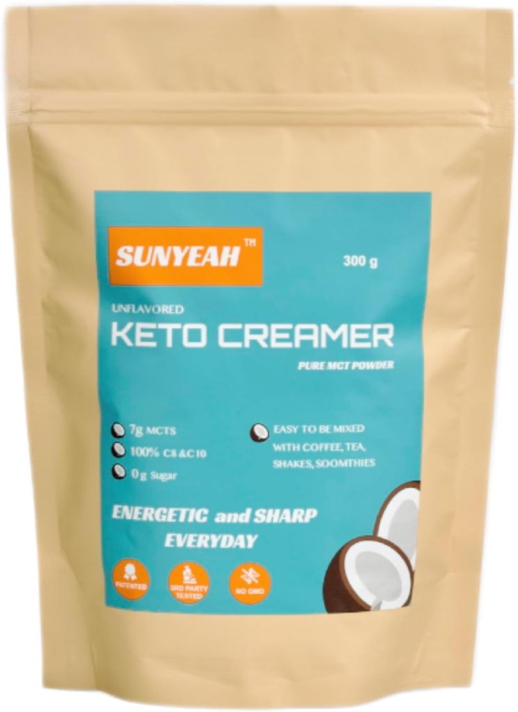 SUNYEAH MCT pulver-MCT olje pulver, KETO kaffe creamer, ren C8 C10, No-Sugar, Fra kokosnøtt, 300 g, Utmerket i kaffe, te, vann, rister, smoothies, uslorated, No-GMO