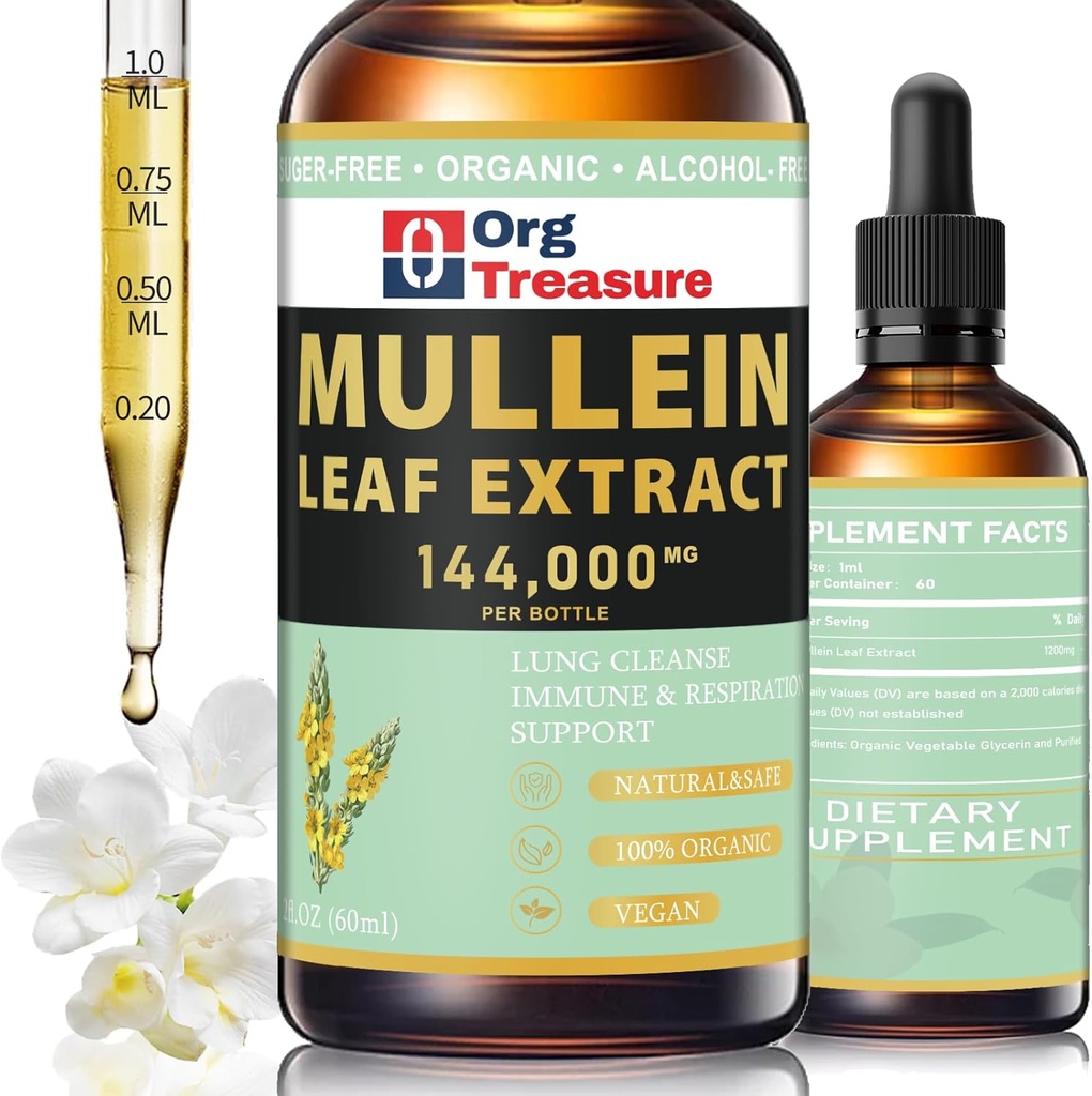 Mullein Drops for Lungs - Organic Mullein Leaf Extract - Lung Cleanse & Detox, Respirasjons- og immunstøtte, Naturlig Herbal Supplement, Som Flytende, Tinktur, Te, 2 FL OZ
