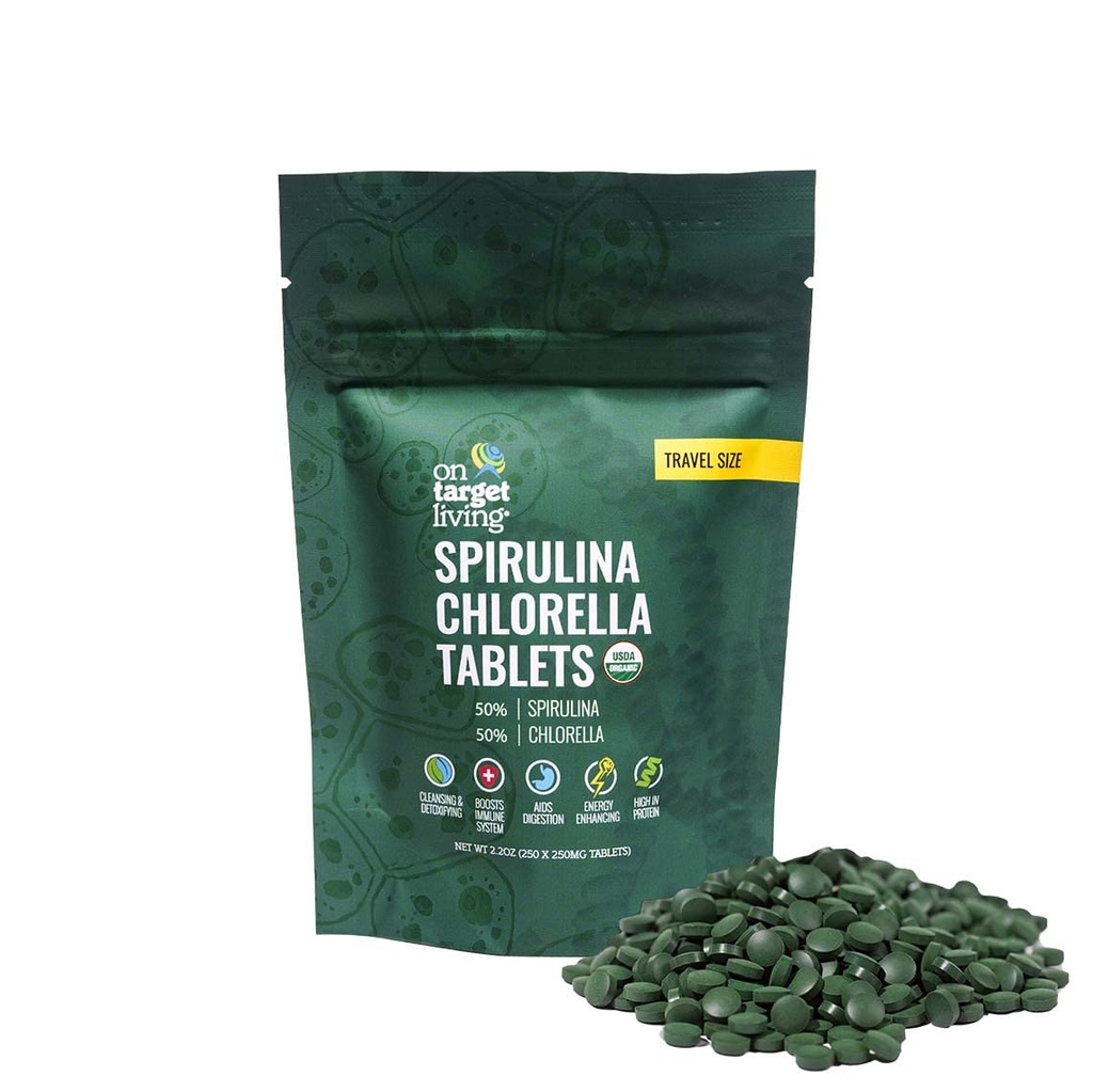 På Target Living Organic Spirulina Chlorella reise størrelse | Super Greens | USDA Organic | 250 tabletter- 250 G (2,2 oz) | Vegansk | Immunstøtte | Alkalysing | Protein Sense