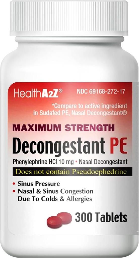 HealthA2Z® Dekongestant PE | Phenylephrine HCl 10 mg | Maks styrke | Nasal & Sinus Congestion Relief på grunn av kalde og allergier (300 count (Pack of 1))