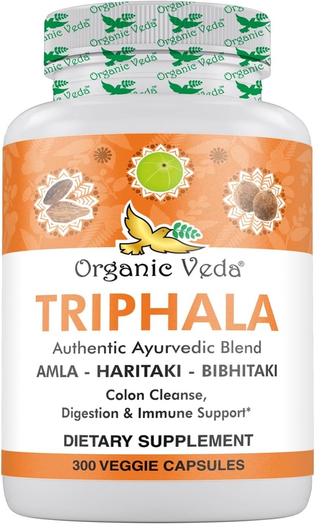 Organic Veda Triphala pulver 300 Kapsler, 1000mg - Organic Triphala Supplement for Colon Cleanse, Immune, Gut & Digestion Helse - Hele grønne antioksidanter Amla, Haritaki & Bibhitaki - Vegan piller