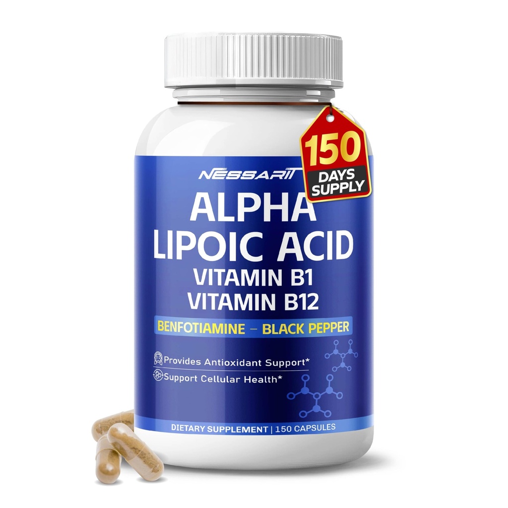 Alpha Lipoic Acid høy potens med vitamin B1, vitamin B12, Benfotiamine, Ubiquinol, svart pepper - støtte Cellular Health - 150 tall - laget og testet i USA