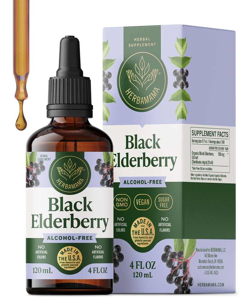 HERBAMAMA Black Elderberry Drops - Vegan Elderberry Liquid Extract for Immune Support - Ikke-GMO, alkohol- og sukkerfri immunisme Supplement, 42-dagers forsyning