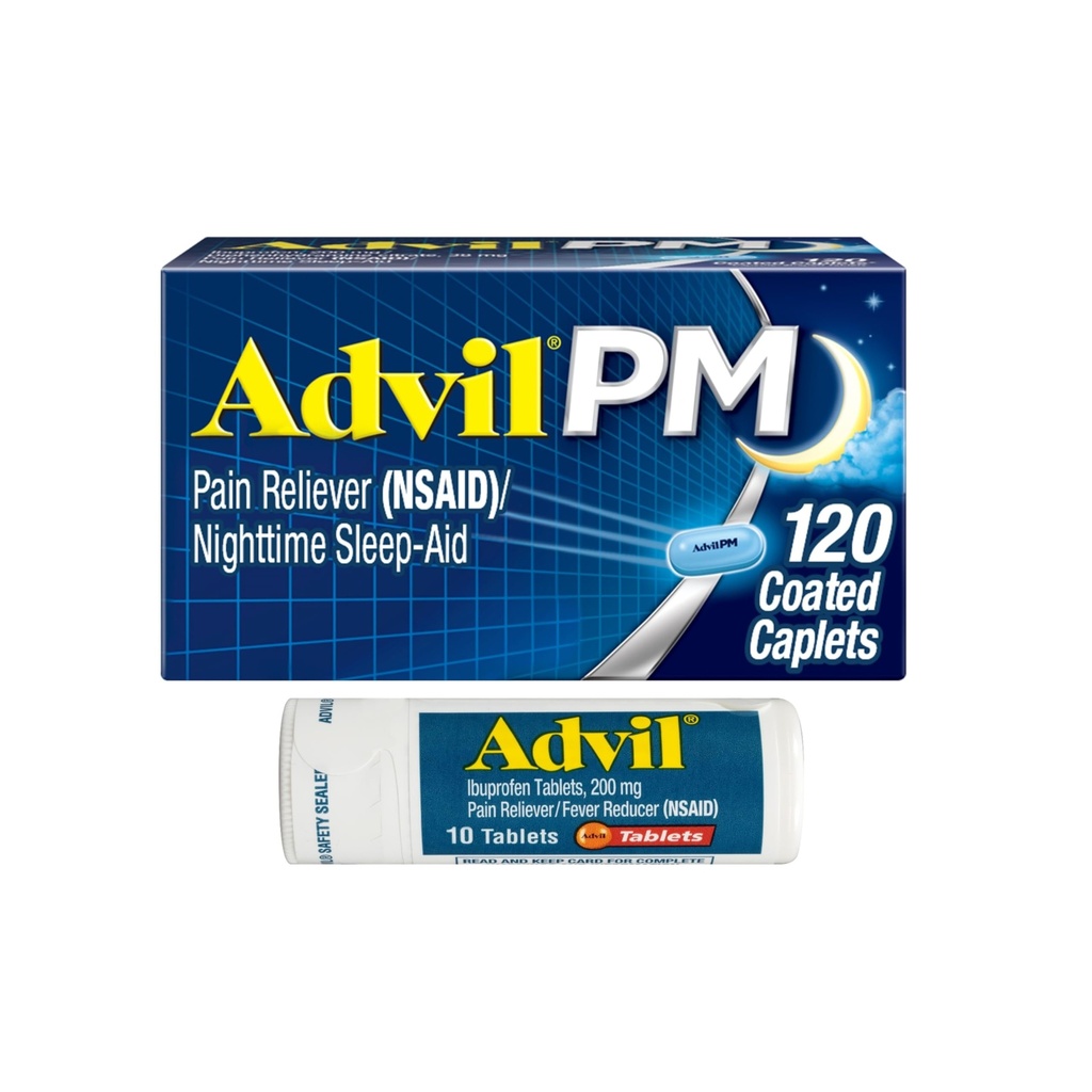 Advil PM smertefri og natt søvnhjelp, ibuprofen for smertelindring og difenhydramin citrate for en søvnhjelp - 120 belagte kapler og smertefri og feberreduser, 10 greve tabletter