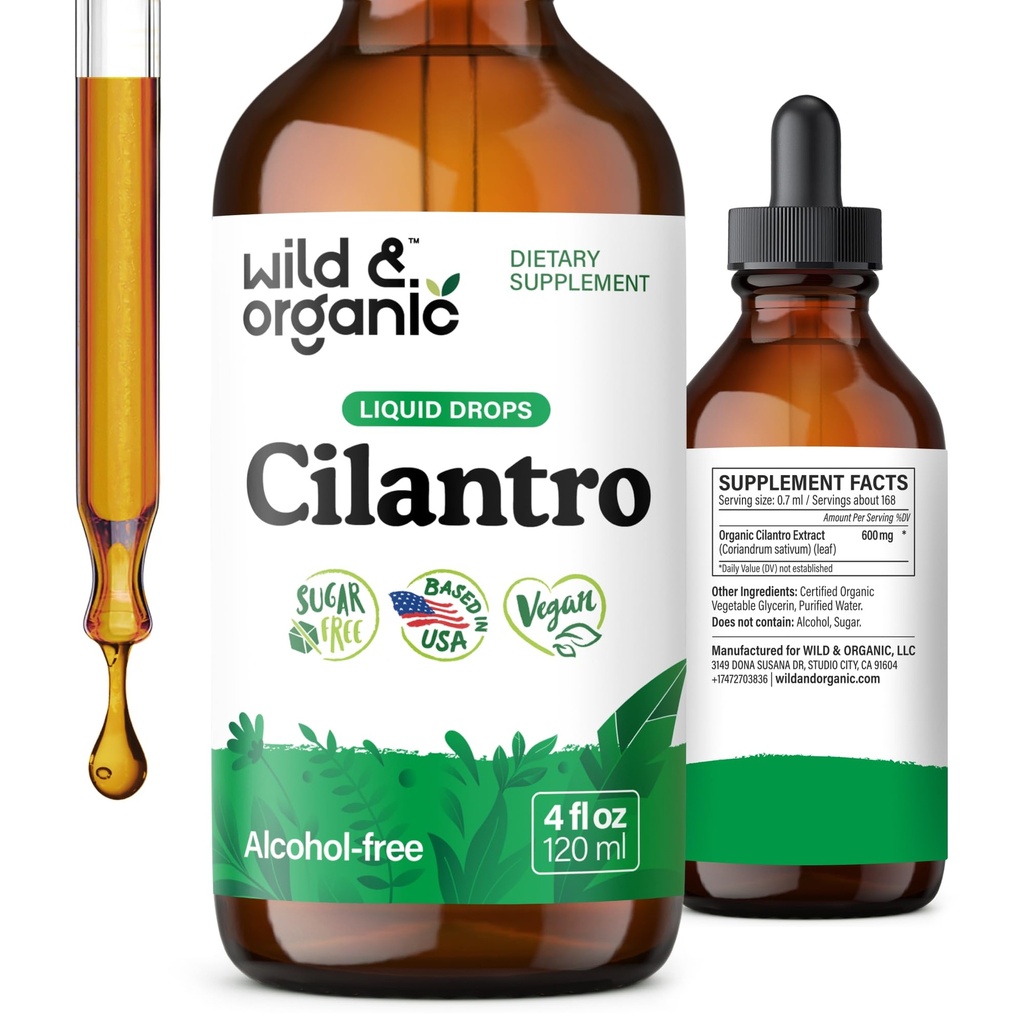 Wild & Organic Cilantro Tinktur - Herbal Detox drops med Cilantro ekstrakt - flytende Coriander Leaf Supplement - Vegan, Sukker & alkoholfri Dråper - 4 fl oz