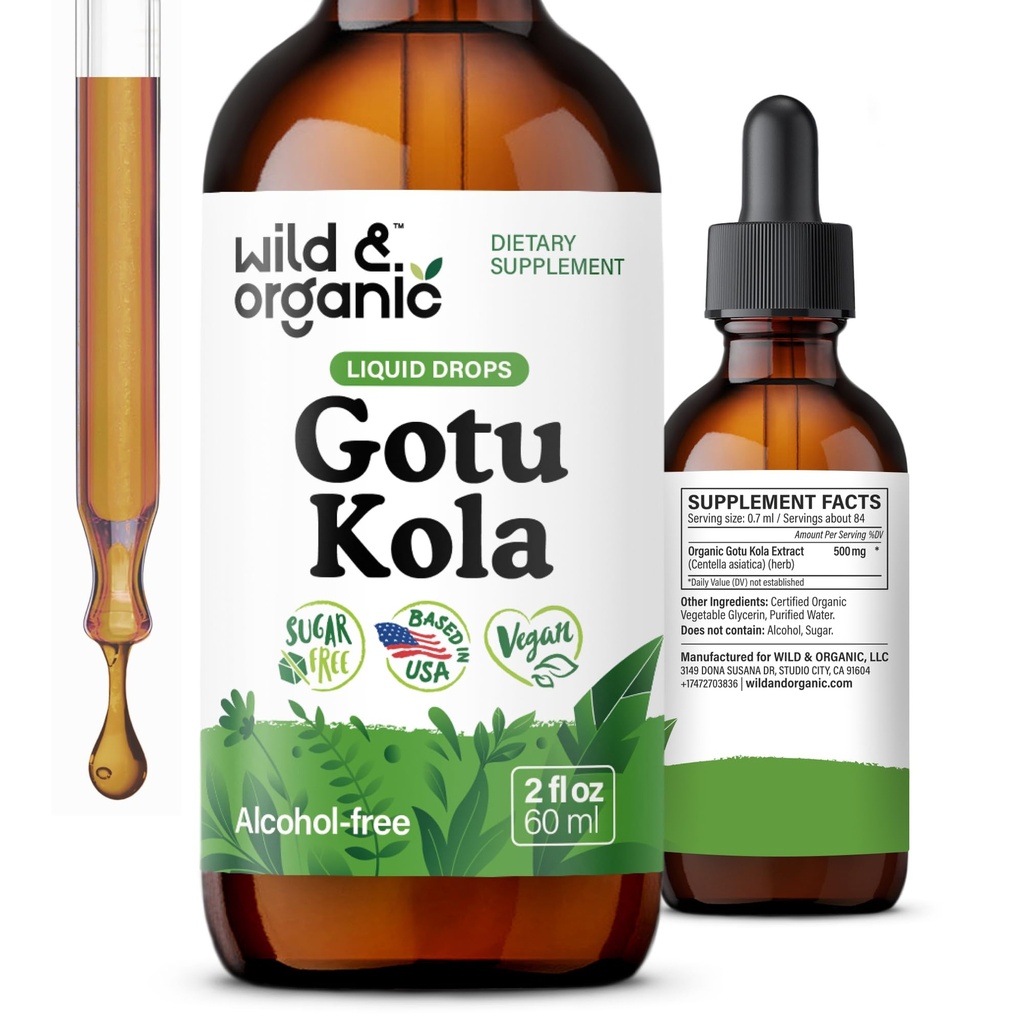 Wild & Organic Gotu Kola Urt Tinktur - Brain Support - Gotu Kola flytende ekstraksjonsdråper - Vegansk, Sukker & alkoholfri Centella Asiatica Supplement - 2 fl oz