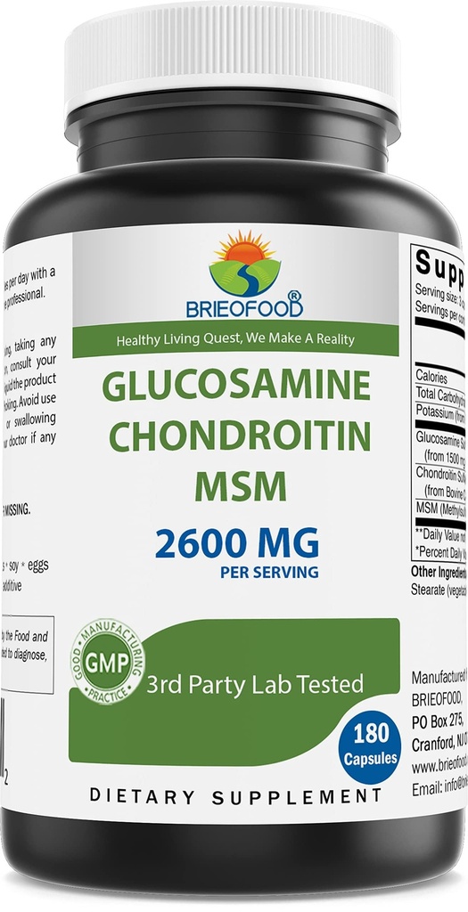 Brieofood Triple Strength Glucosamine Chondroitin MSM 2600mg/Serving Capsules, støtter Sunn Joint, Cartilage og Connective Vessue - fremmer felles komfort og fleksibilitet 180 greve