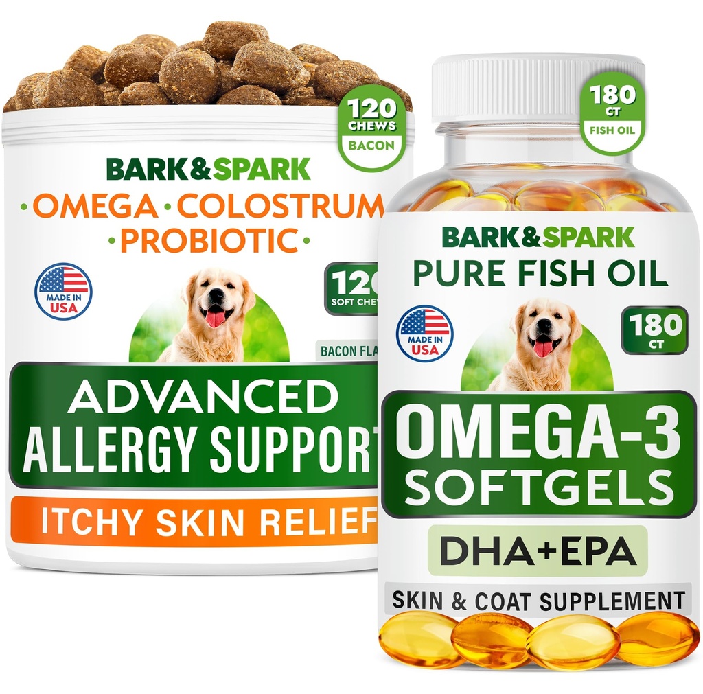 Advanced Dog Allergy + Omega 3 Bundle - Itch Relief - Probiotika w/Fish Oil Omega 3 + EPA&DHA Fatty Acid - Hudallergier + Felles Helse - 120 Chews + 180 Softgels - Bacon + Fisk Flavor - Laget i USA