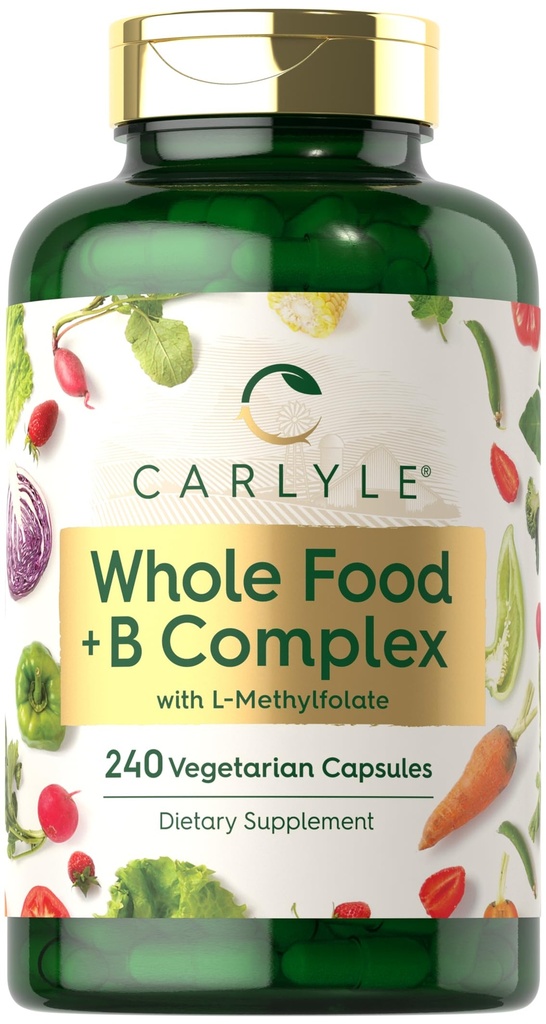 Carlyle Vitamin B-kompleks Hele matvarer Blande | 240 kapsler | Daglig flervitamin for menn og kvinner | med B1, B2, B6, B12, Folat, Niacin og L-metylfolat | Ikke-GMO & Vegetarisk Supplement